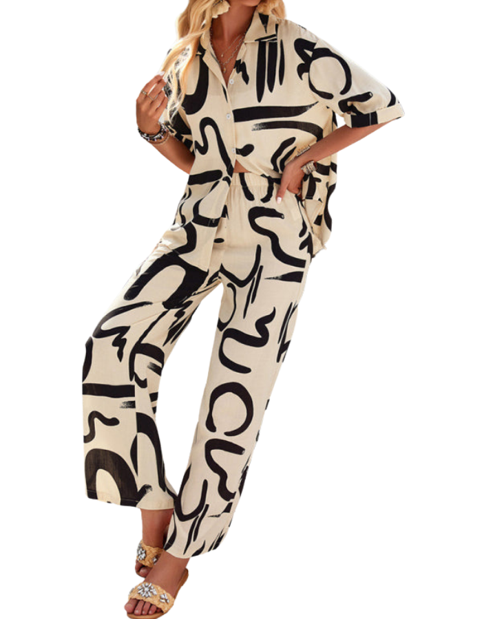 SHOPIQAT New Women's Casual Fashion Printed Lapel Short-Sleeved Shirt and Trousers Vacation Suit - Premium  from shopiqat - Just $12.900! Shop now at shopiqat