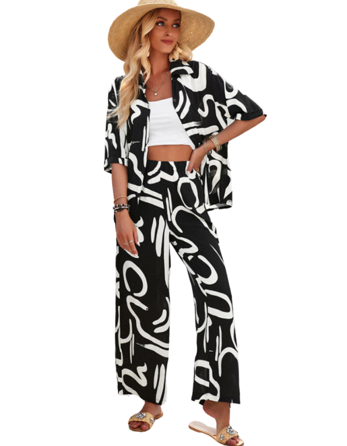SHOPIQAT New Women's Casual Fashion Printed Lapel Short-Sleeved Shirt and Trousers Vacation Suit - Premium  from shopiqat - Just $12.900! Shop now at shopiqat