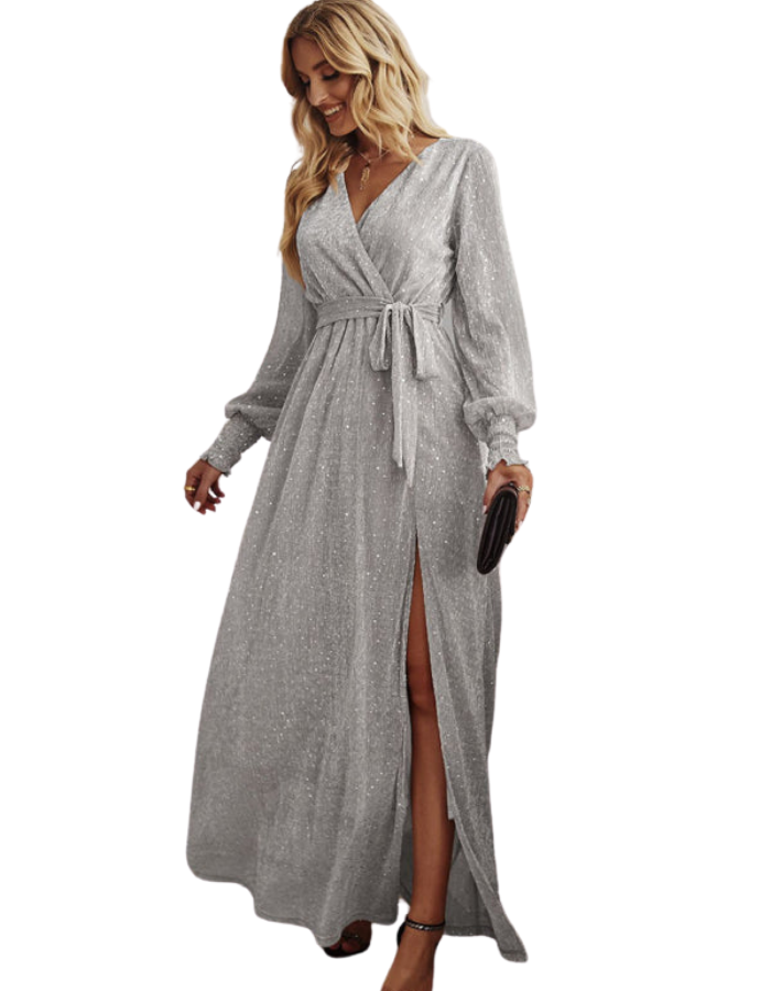 SHOPIQAT Women's Elegant V Neck Long Sleeve Waist Midi Dress