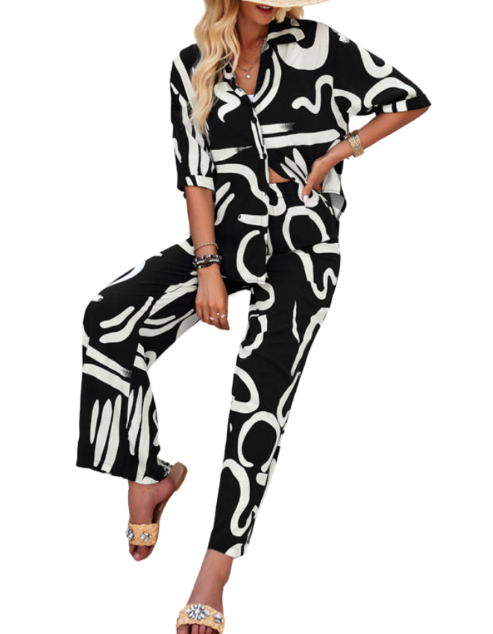 SHOPIQAT New Women's Casual Fashion Printed Lapel Short-Sleeved Shirt and Trousers Vacation Suit - Premium  from shopiqat - Just $12.900! Shop now at shopiqat