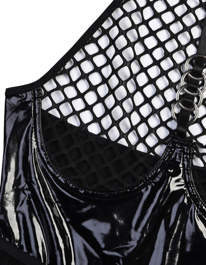 SHOPIQAT Fishnet Teddy With Pu Leather Halter Neck Bodysuit