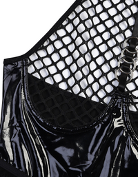 SHOPIQAT Fishnet Teddy With Pu Leather Halter Neck Bodysuit