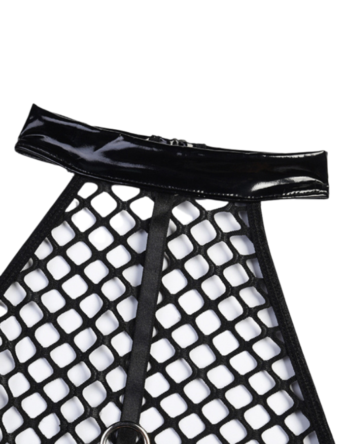 SHOPIQAT Fishnet Teddy With Pu Leather Halter Neck Bodysuit