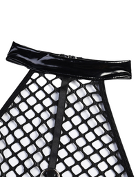 SHOPIQAT Fishnet Teddy With Pu Leather Halter Neck Bodysuit