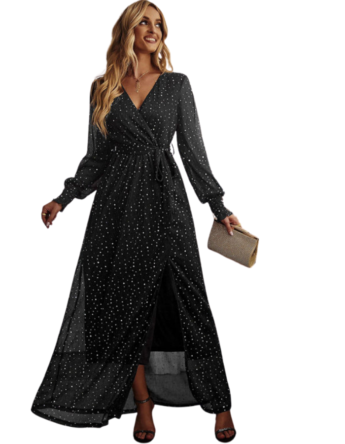 SHOPIQAT Women's Elegant V Neck Long Sleeve Waist Midi Dress - Premium  from shopiqat - Just $12.800! Shop now at shopiqat