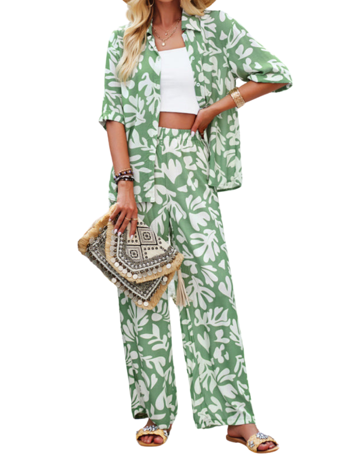 SHOPIQAT New Women's Casual Fashion Printed Lapel Short-Sleeved Shirt and Trousers Vacation Suit - Premium  from shopiqat - Just $10.280! Shop now at shopiqat