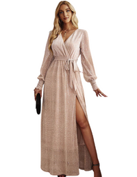 SHOPIQAT Women's Elegant V Neck Long Sleeve Waist Midi Dress - Premium  from shopiqat - Just $12.800! Shop now at shopiqat
