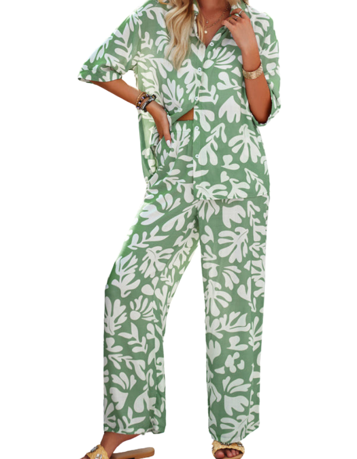 SHOPIQAT New Women's Casual Fashion Printed Lapel Short-Sleeved Shirt and Trousers Vacation Suit - Premium  from shopiqat - Just $12.900! Shop now at shopiqat