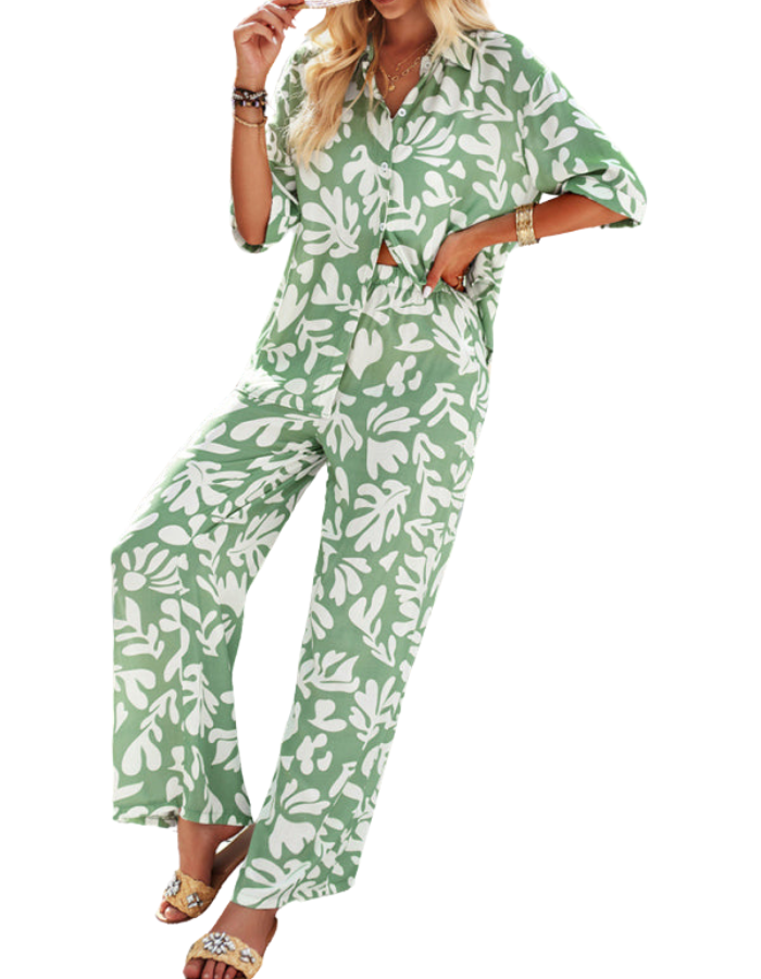 SHOPIQAT New Women's Casual Fashion Printed Lapel Short-Sleeved Shirt and Trousers Vacation Suit - Premium  from shopiqat - Just $12.900! Shop now at shopiqat