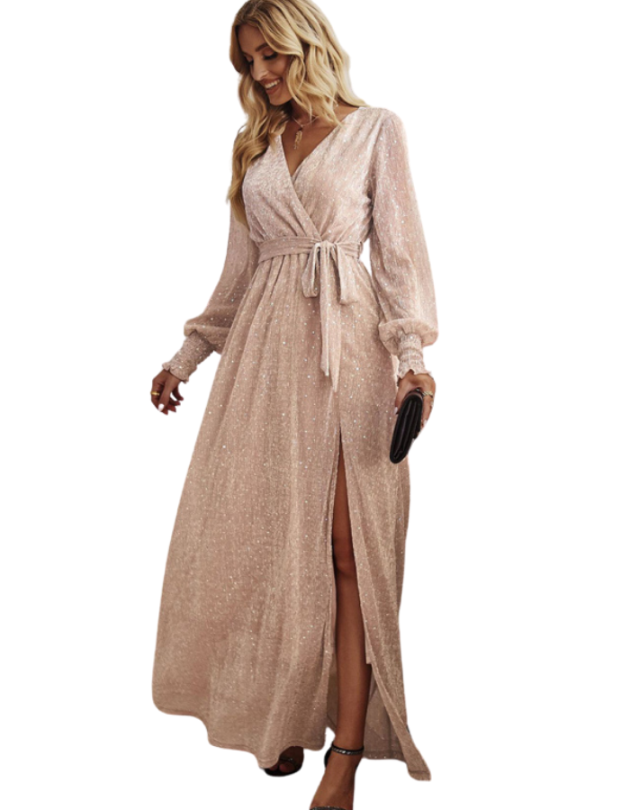 SHOPIQAT Women's Elegant V Neck Long Sleeve Waist Midi Dress - Premium  from shopiqat - Just $12.800! Shop now at shopiqat