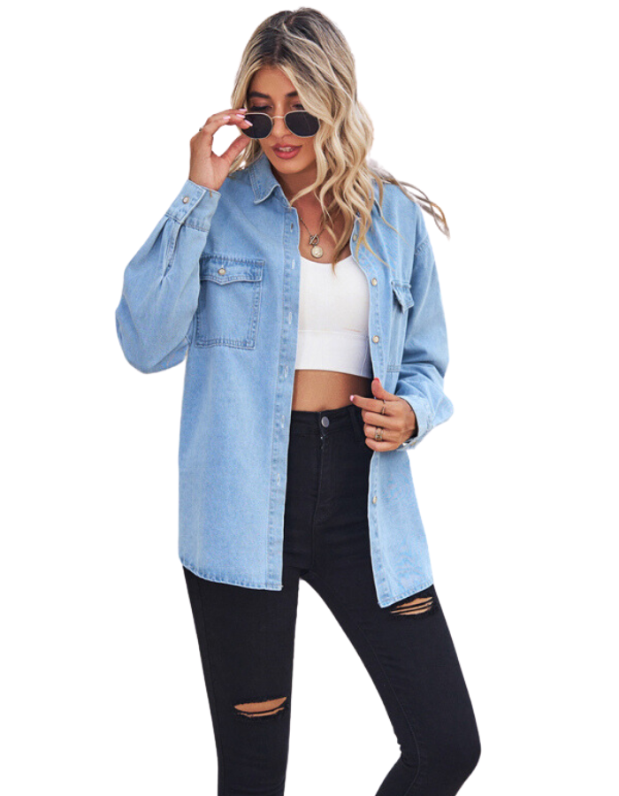 SHOPIQAT Light-Colored Thin Denim Long-Sleeved Shirt