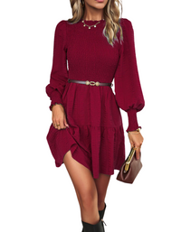 SHOPIQAT Women's Pleated Solid Color Long-Sleeved Dress