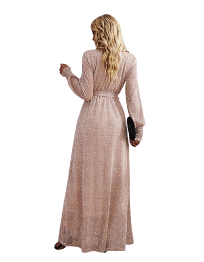 SHOPIQAT Women's Elegant V Neck Long Sleeve Waist Midi Dress - Premium  from shopiqat - Just $12.800! Shop now at shopiqat