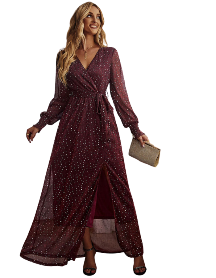 SHOPIQAT Women's Elegant V Neck Long Sleeve Waist Midi Dress - Premium  from shopiqat - Just $12.800! Shop now at shopiqat