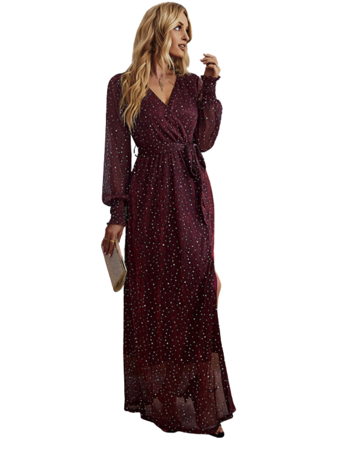 SHOPIQAT Women's Elegant V Neck Long Sleeve Waist Midi Dress - Premium  from shopiqat - Just $12.800! Shop now at shopiqat