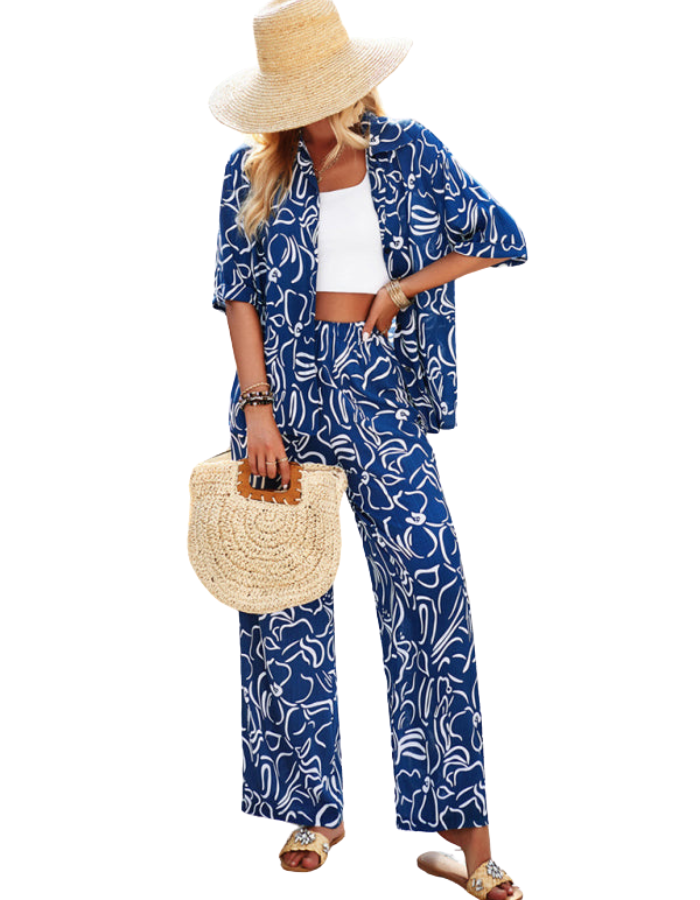 SHOPIQAT New Women's Casual Fashion Printed Lapel Short-Sleeved Shirt and Trousers Vacation Suit - Premium  from shopiqat - Just $12.900! Shop now at shopiqat