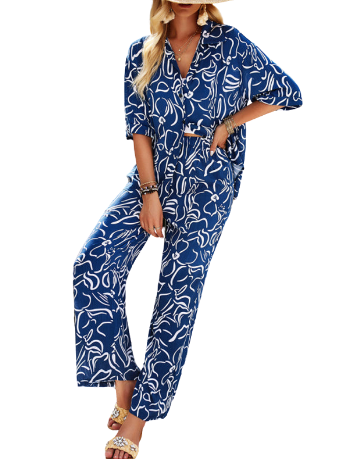 SHOPIQAT New Women's Casual Fashion Printed Lapel Short-Sleeved Shirt and Trousers Vacation Suit - Premium  from shopiqat - Just $12.900! Shop now at shopiqat