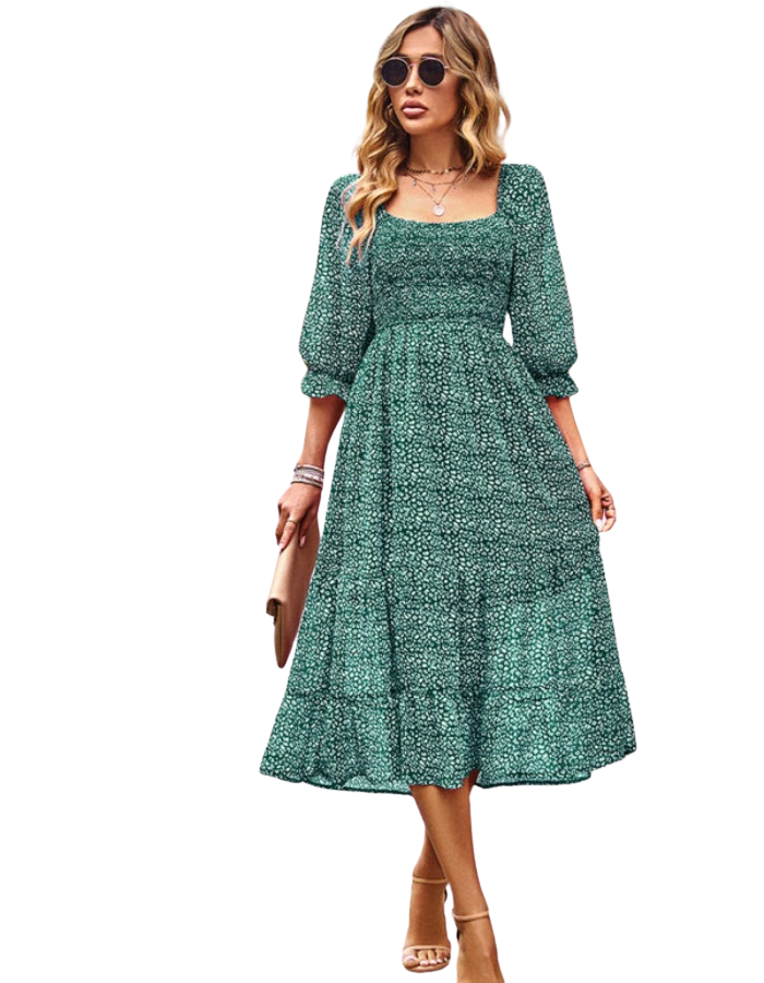 SHOPIQAT Bohemian Square Neck Three Quarter Sleeve Maxi Dress