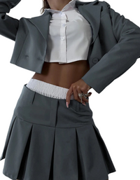SHOPIQAT New Sweet Long-Sleeved and Half-Length A-Line Skirt Suit (white leggings not included)