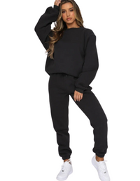SHOPIQAT Women's New Solid Colour Round Fashionable Casual Collar Pullover Long Sleeve Trousers Sweater Suit