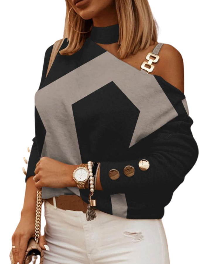 SHOPIQAT Check Geometric Pattern Print Long Sleeve Chain Halter Print Button Top - Premium  from shopiqat - Just $7.900! Shop now at shopiqat