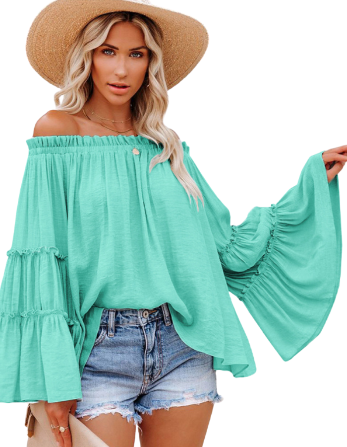 SHOPIQAT Women's Slub Cotton Women's Flared Sleeve One-Line Neck Top - Premium  from shopiqat - Just $6.900! Shop now at shopiqat