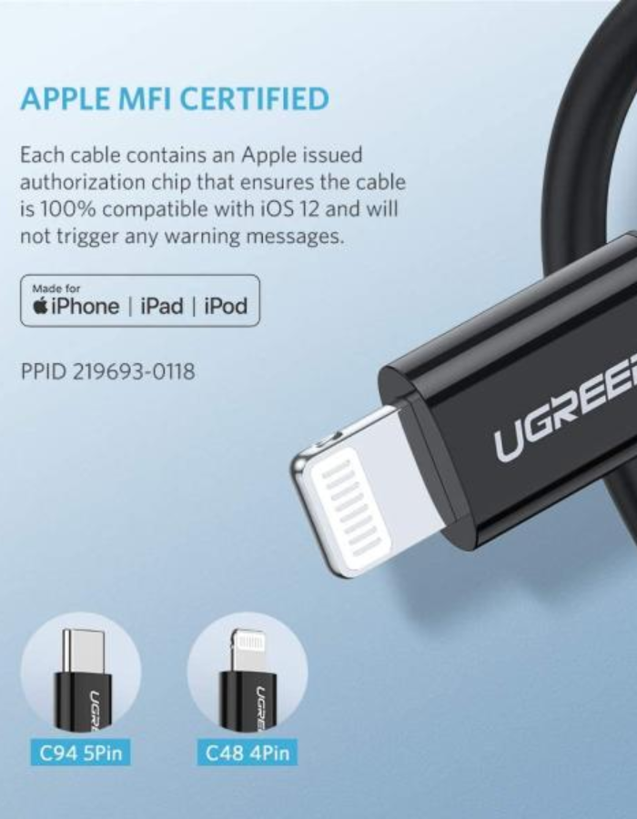 Ugreen USB-C to Lightning Cable Nickel Plating ABS Shell 1M - Black