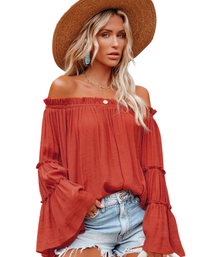 SHOPIQAT Women's Slub Cotton Women's Flared Sleeve One-Line Neck Top - Premium  from shopiqat - Just $6.900! Shop now at shopiqat