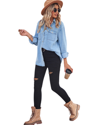 SHOPIQAT Light-Colored Thin Denim Long-Sleeved Shirt
