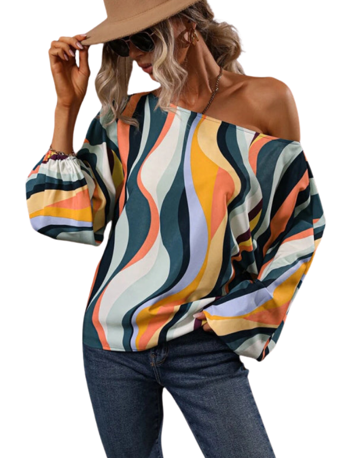 SHOPIQAT Women's Alphabet Print One Shoulder Loose Balloon Sleeve Top - Premium  from shopiqat - Just $7.250! Shop now at shopiqat