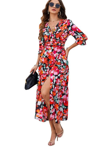 SHOPIQAT Spring and Summer New Holiday Casual Printed V-Neck Slit Dress - Premium  from shopiqat - Just $10.100! Shop now at shopiqat