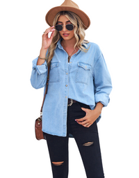SHOPIQAT Light-Colored Thin Denim Long-Sleeved Shirt