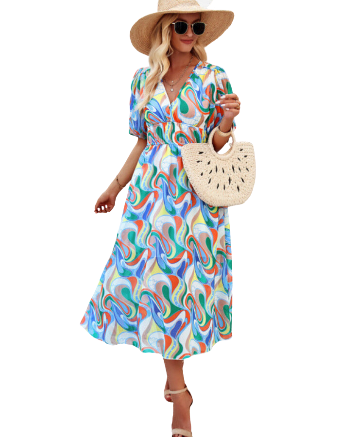 SHOPIQAT Elegant Printed Waist V-Neck Long Dress - Premium Dresses from shopiqat - Just $9.250! Shop now at shopiqat