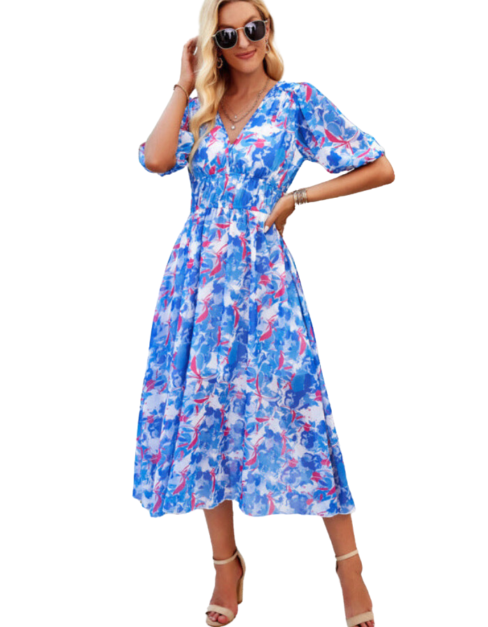 SHOPIQAT Elegant Printed Waist V-Neck Long Dress - Premium Dresses from shopiqat - Just $9.250! Shop now at shopiqat