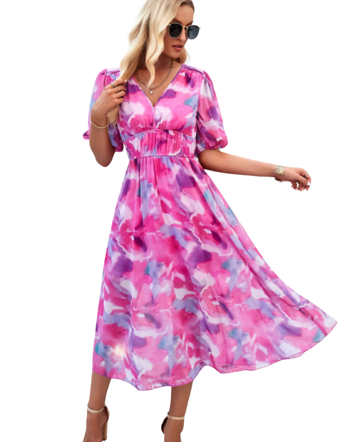 SHOPIQAT Elegant Printed Waist V-Neck Long Dress - Premium Dresses from shopiqat - Just $9.250! Shop now at shopiqat