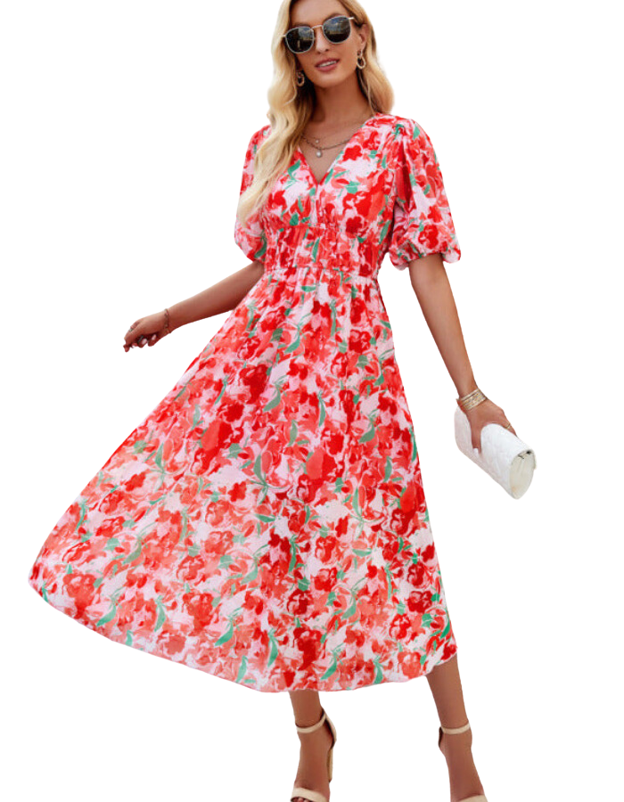 SHOPIQAT Elegant Printed Waist V-Neck Long Dress - Premium Dresses from shopiqat - Just $9.250! Shop now at shopiqat
