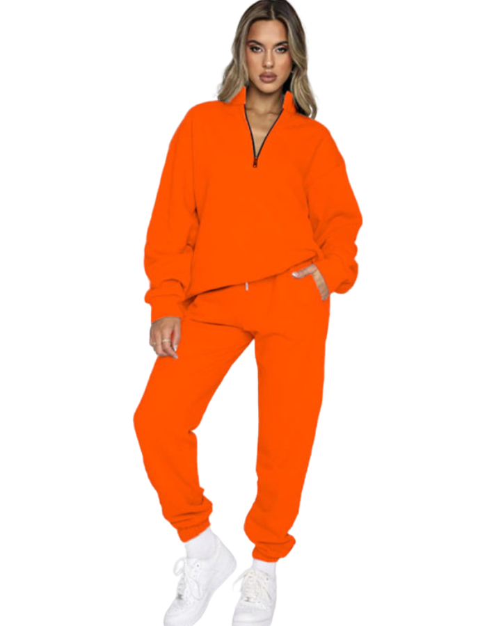 SHOPIQAT Women's New Solid Colour Stand-Up Collar Zipper Pullover Long-Sleeved Sweatshirt and Trousers Suit