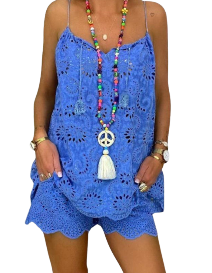 SHOPIQAT New Women's Sleeveless Drawstring Ruffled Hollow Camisole Embroidered Shorts Suit - Premium  from shopiqat - Just $9.700! Shop now at shopiqat