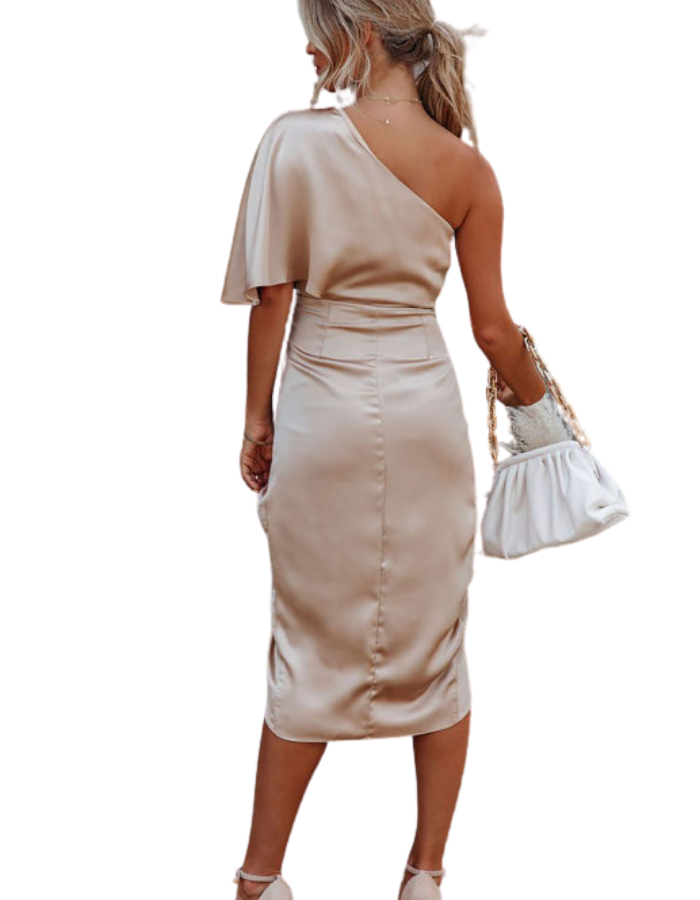 SHOPIQAT One Sleeve Irregular Pleated Waist Skirt Dress - Premium  from shopiqat - Just $8.750! Shop now at shopiqat