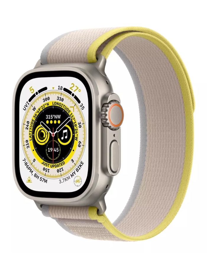 Apple Watch Ultra GPS + Cellular, 49mm Titanium Case with Yellow/Beige Trail Loop - S/M
