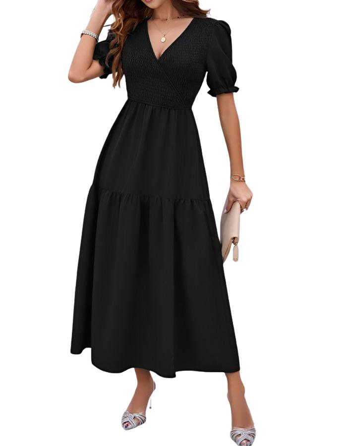 SHOPIQAT New Spring and Summer Solid Color Temperament V-Neck Short-Sleeved Long Skirt - Premium  from shopiqat - Just $10.750! Shop now at shopiqat