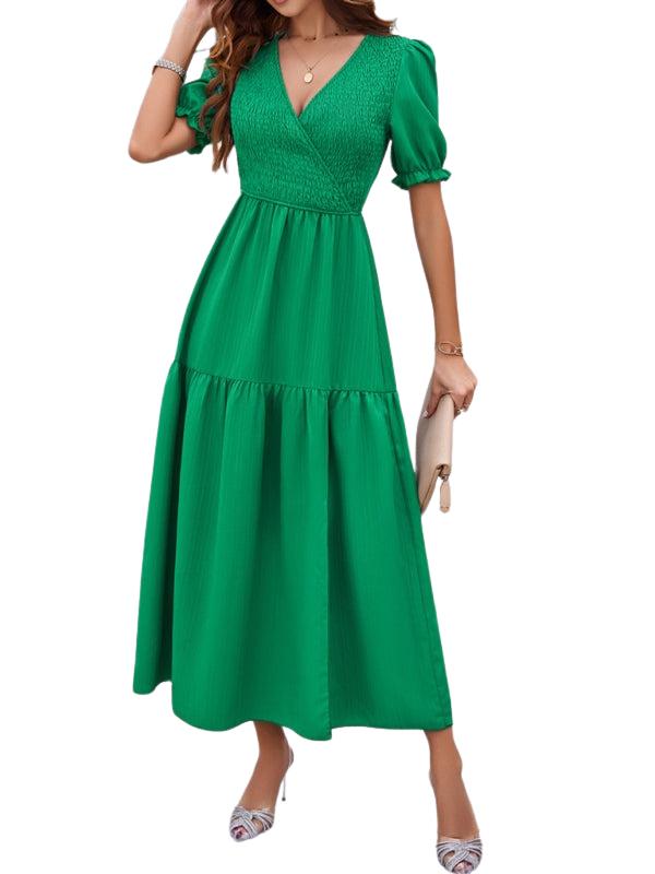 SHOPIQAT New Spring and Summer Solid Color Temperament V-Neck Short-Sleeved Long Skirt - Premium  from shopiqat - Just $10.750! Shop now at shopiqat