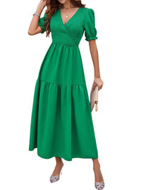 SHOPIQAT New Spring and Summer Solid Color Temperament V-Neck Short-Sleeved Long Skirt - Premium  from shopiqat - Just $10.750! Shop now at shopiqat