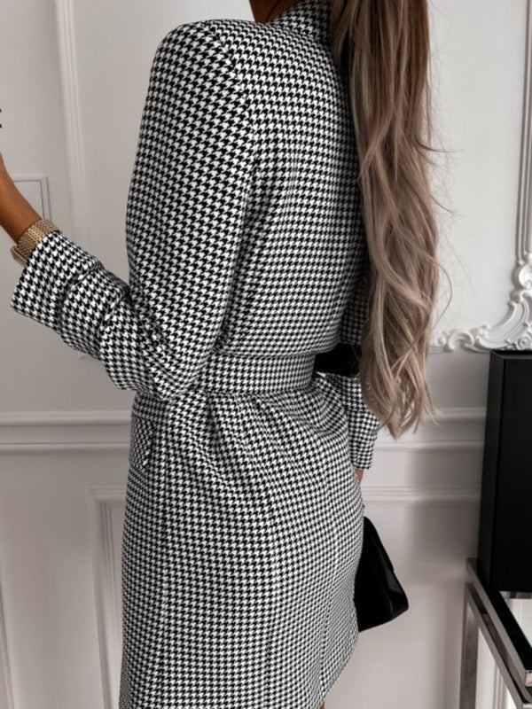 SHOPIQAT Women's Houndstooth Long-Sleeve Belted Double-Breasted Dress - Premium  from shopiqat - Just $11.500! Shop now at shopiqat