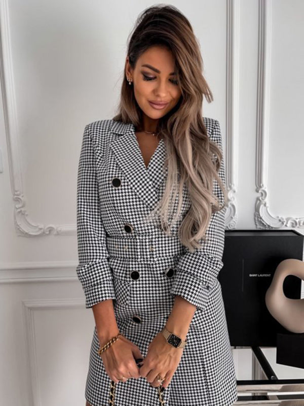 SHOPIQAT Women's Houndstooth Long-Sleeve Belted Double-Breasted Dress - Premium  from shopiqat - Just $11.500! Shop now at shopiqat