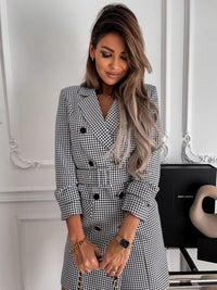 SHOPIQAT Women's Houndstooth Long-Sleeve Belted Double-Breasted Dress - Premium  from shopiqat - Just $11.500! Shop now at shopiqat