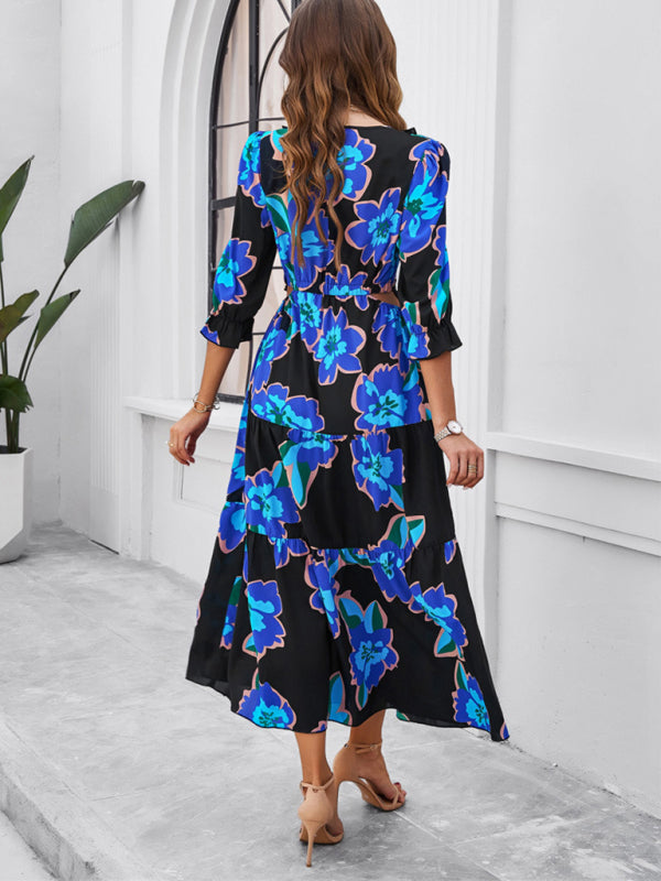 SHOPIQAT Spring and Summer New Holiday Casual Printed V-Neck Slit Dress - Premium  from shopiqat - Just $10.100! Shop now at shopiqat