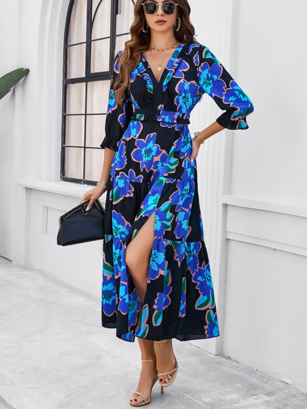 SHOPIQAT Spring and Summer New Holiday Casual Printed V-Neck Slit Dress - Premium  from shopiqat - Just $10.100! Shop now at shopiqat