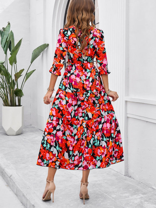 SHOPIQAT Spring and Summer New Holiday Casual Printed V-Neck Slit Dress - Premium  from shopiqat - Just $10.100! Shop now at shopiqat