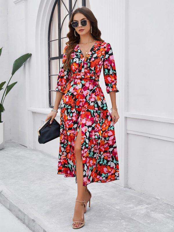 SHOPIQAT Spring and Summer New Holiday Casual Printed V-Neck Slit Dress - Premium  from shopiqat - Just $10.100! Shop now at shopiqat
